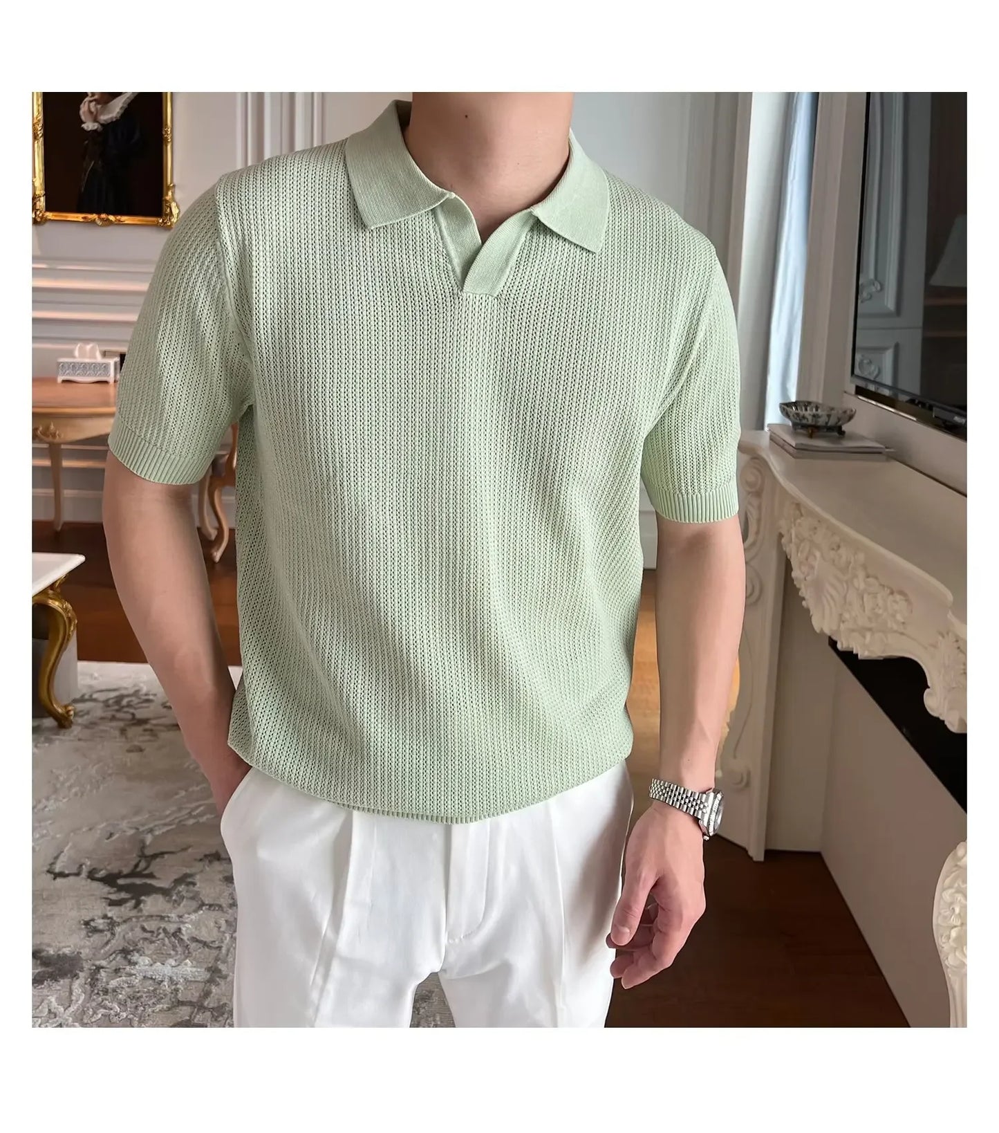 Summer Casual Polo Shirt Short Sleeve Knitted Pure Color Breathable Retro Wave Texture Men's Turn-down Collar Top