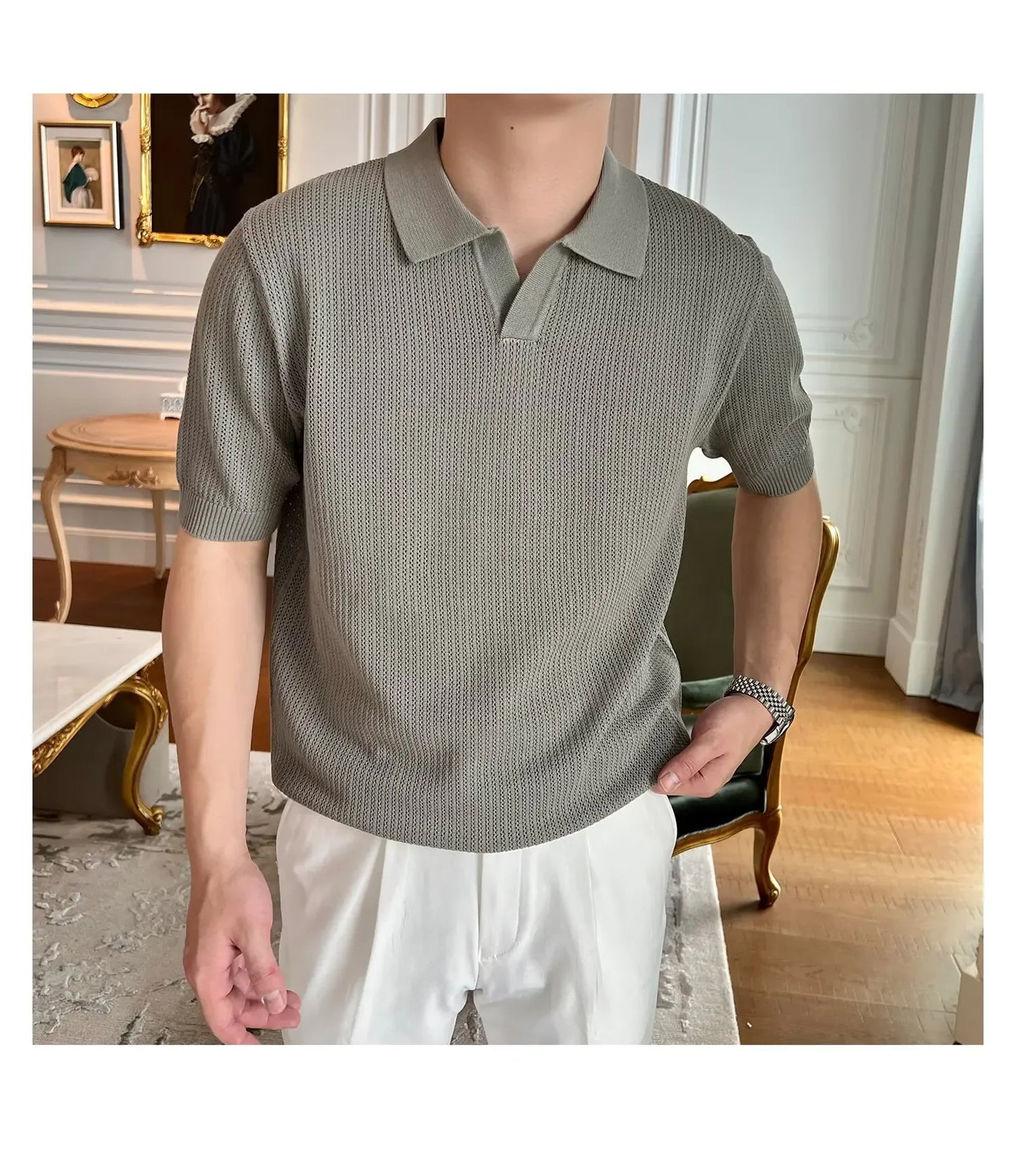 Summer Casual Polo Shirt Short Sleeve Knitted Pure Color Breathable Retro Wave Texture Men's Turn-down Collar Top