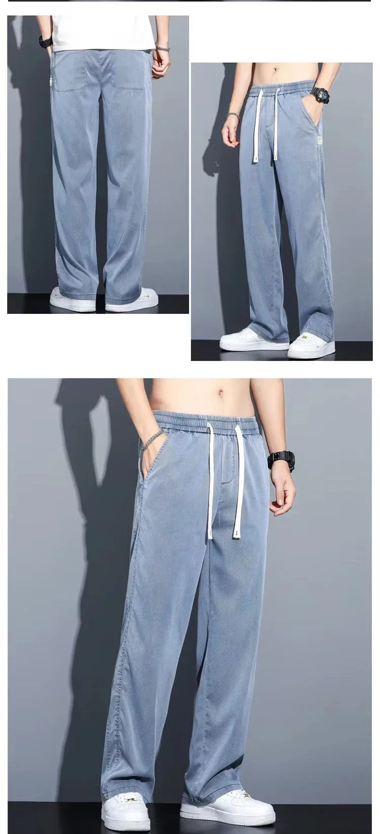 2025 New Summer Soft Lyocell Fabric Men's Jeans Thin Loose Straight Pants Drawstring Elastic Waist Korea Casual Trousers