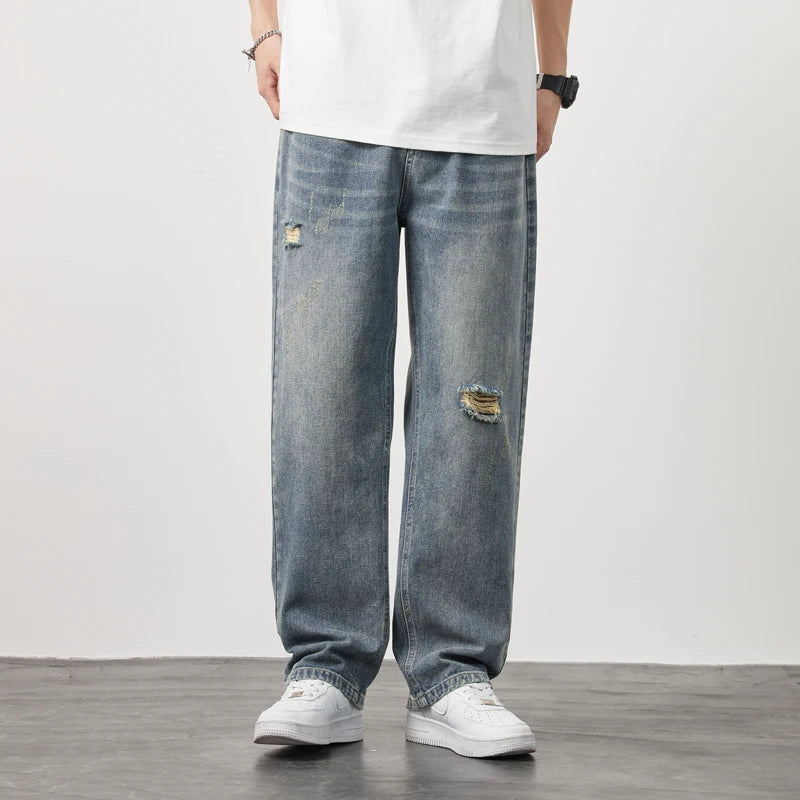 Korea Baggy torn holey ripped Jeans Men Vintage Y2k Pants Fashion Frayed High Street Distressed Denim Trousers loose thin Male