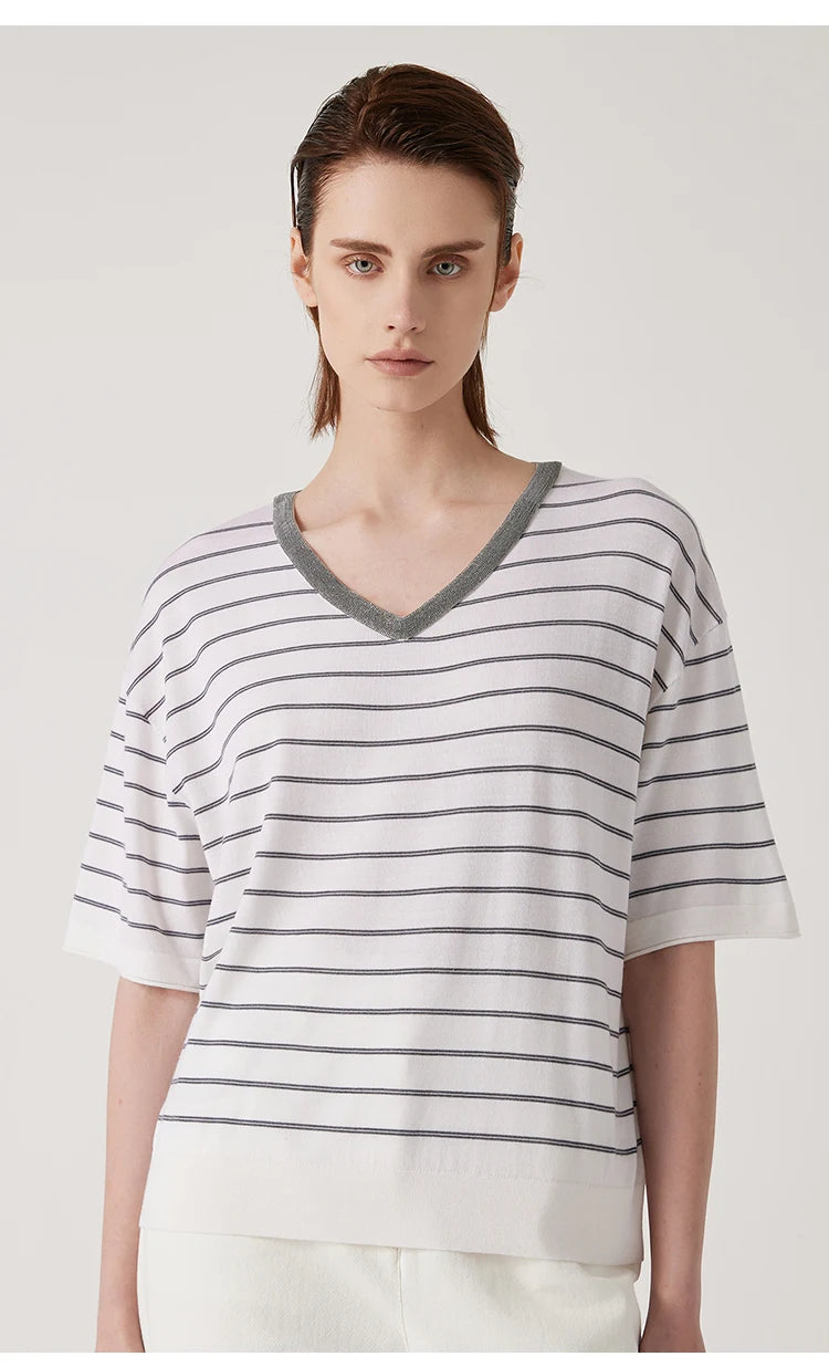 BD3511191 Women's Summer Wool Silk stripe tops Luxury Clothing Comfortable Breathable sweaters knitted tshirts
