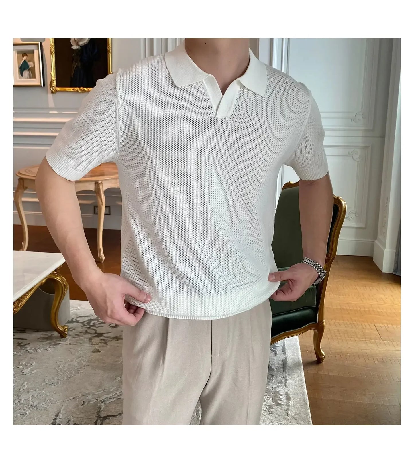 Summer Casual Polo Shirt Short Sleeve Knitted Pure Color Breathable Retro Wave Texture Men's Turn-down Collar Top