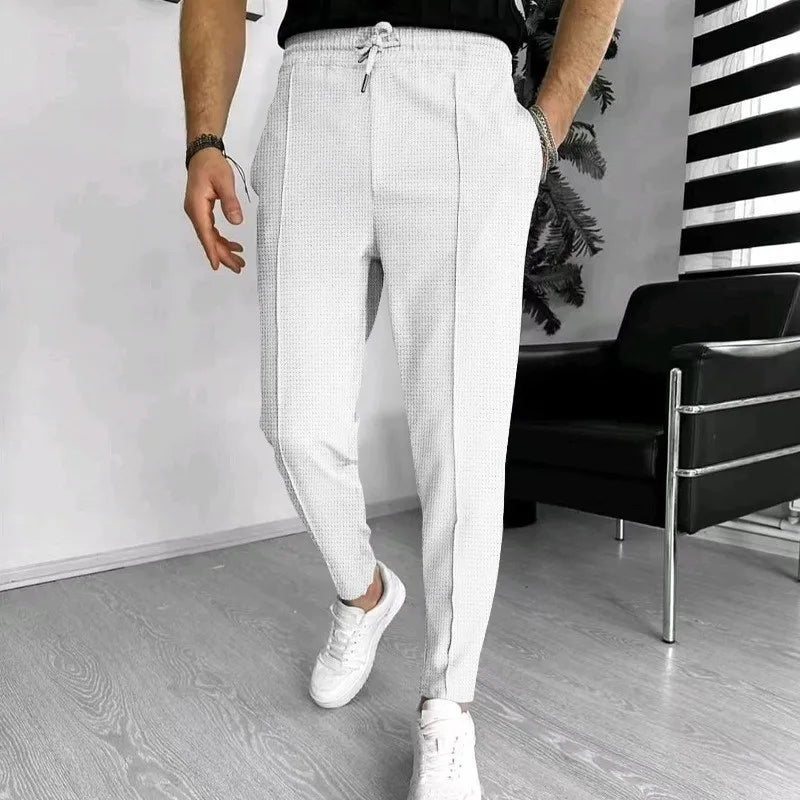 Mens Stylish Waffle Pants - Casual Sports Slim Fit with Adjustable Drawstring Secure Pockets for All Seasons - Perfect Outdoor