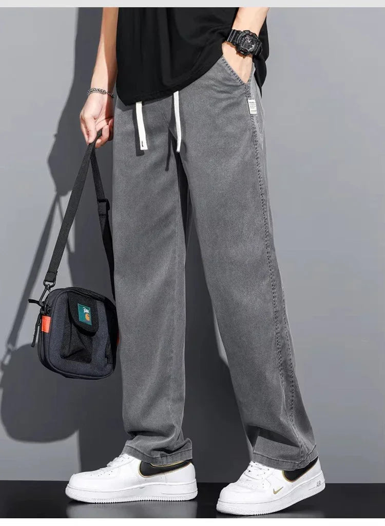 2025 New Summer Soft Lyocell Fabric Men's Jeans Thin Loose Straight Pants Drawstring Elastic Waist Korea Casual Trousers