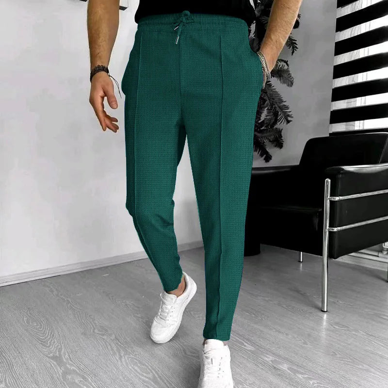 Mens Stylish Waffle Pants - Casual Sports Slim Fit with Adjustable Drawstring Secure Pockets for All Seasons - Perfect Outdoor