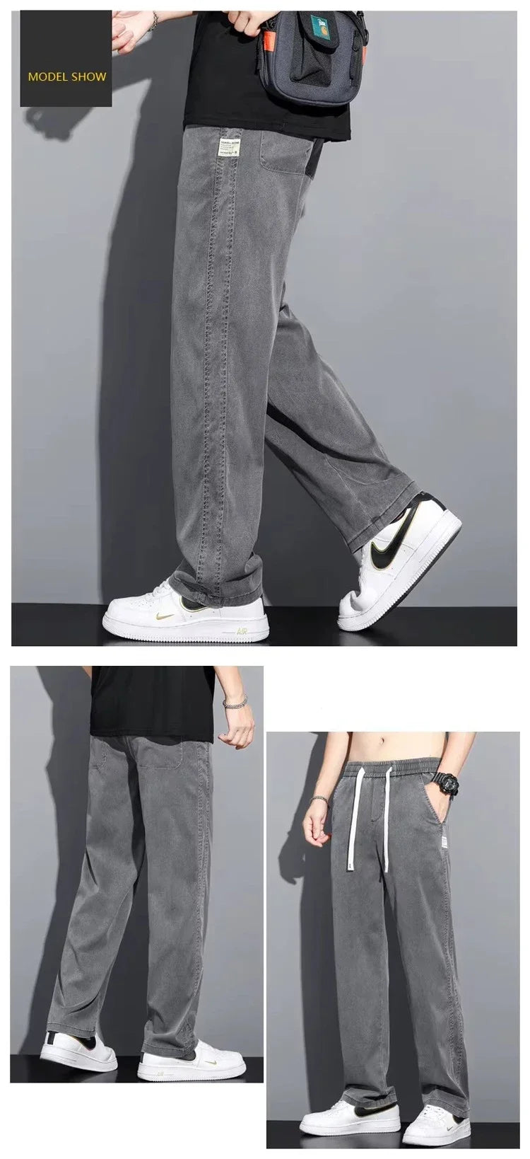 2025 New Summer Soft Lyocell Fabric Men's Jeans Thin Loose Straight Pants Drawstring Elastic Waist Korea Casual Trousers