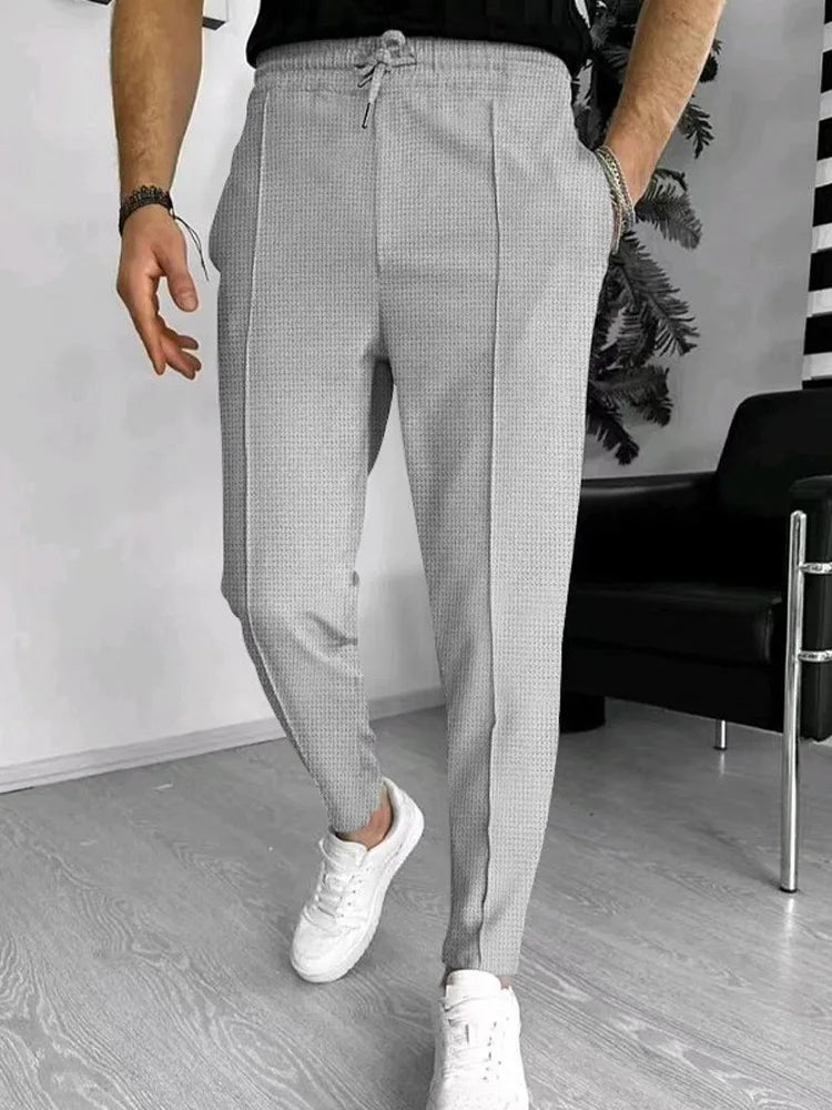 Mens Stylish Waffle Pants - Casual Sports Slim Fit with Adjustable Drawstring Secure Pockets for All Seasons - Perfect Outdoor