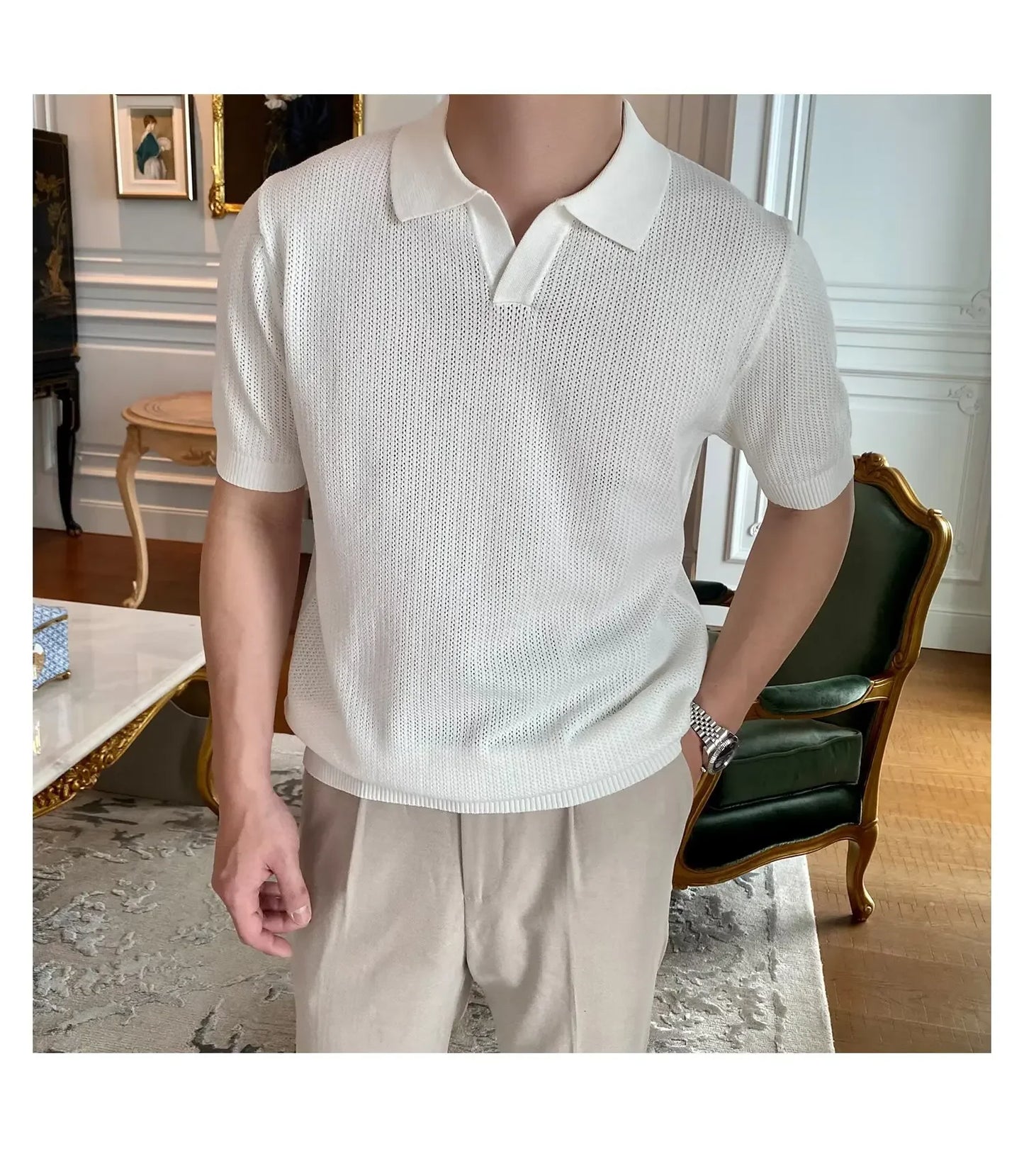 Summer Casual Polo Shirt Short Sleeve Knitted Pure Color Breathable Retro Wave Texture Men's Turn-down Collar Top
