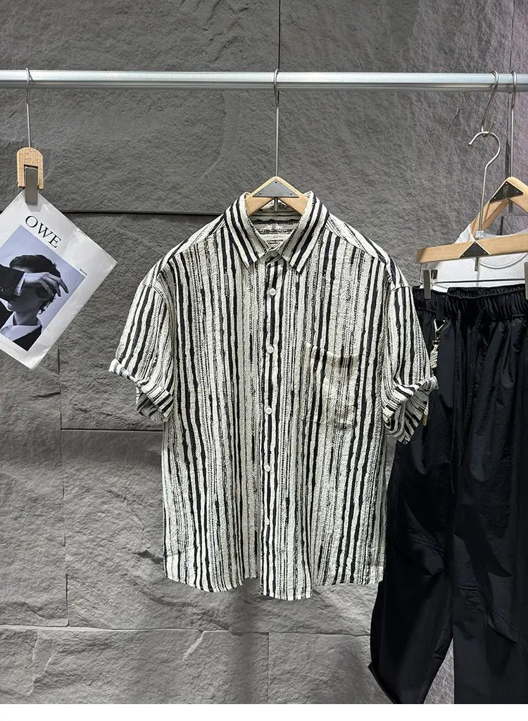 2025 Summer New Striped Shirt Short-sleeved Men's Fashion Trend Versatile and Personalized Button Cardigan Men's Clothing