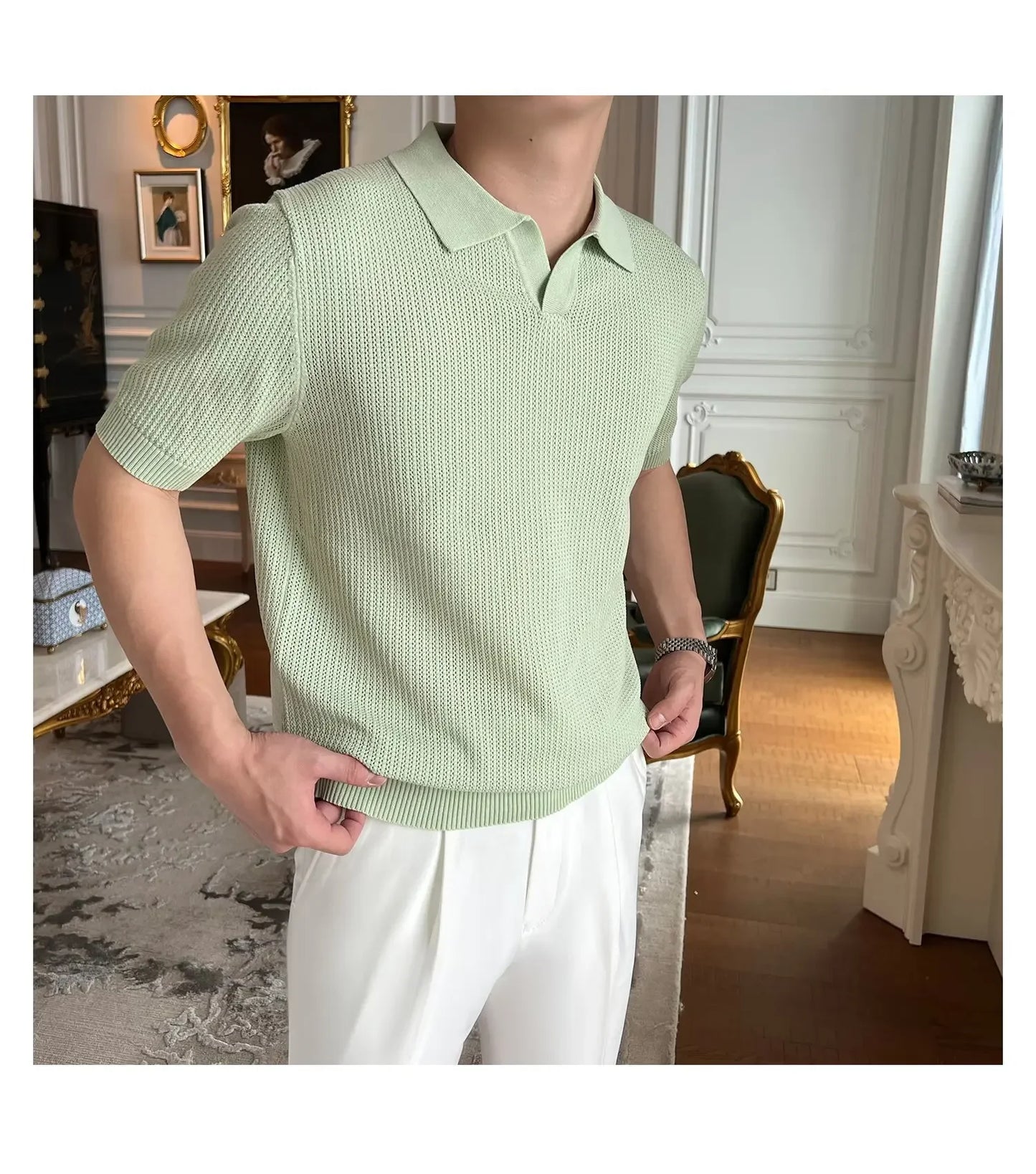Summer Casual Polo Shirt Short Sleeve Knitted Pure Color Breathable Retro Wave Texture Men's Turn-down Collar Top