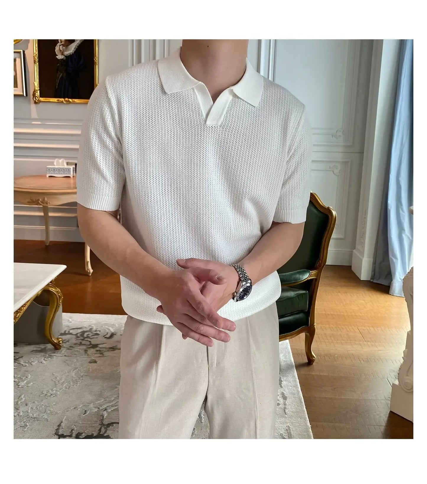 Summer Casual Polo Shirt Short Sleeve Knitted Pure Color Breathable Retro Wave Texture Men's Turn-down Collar Top