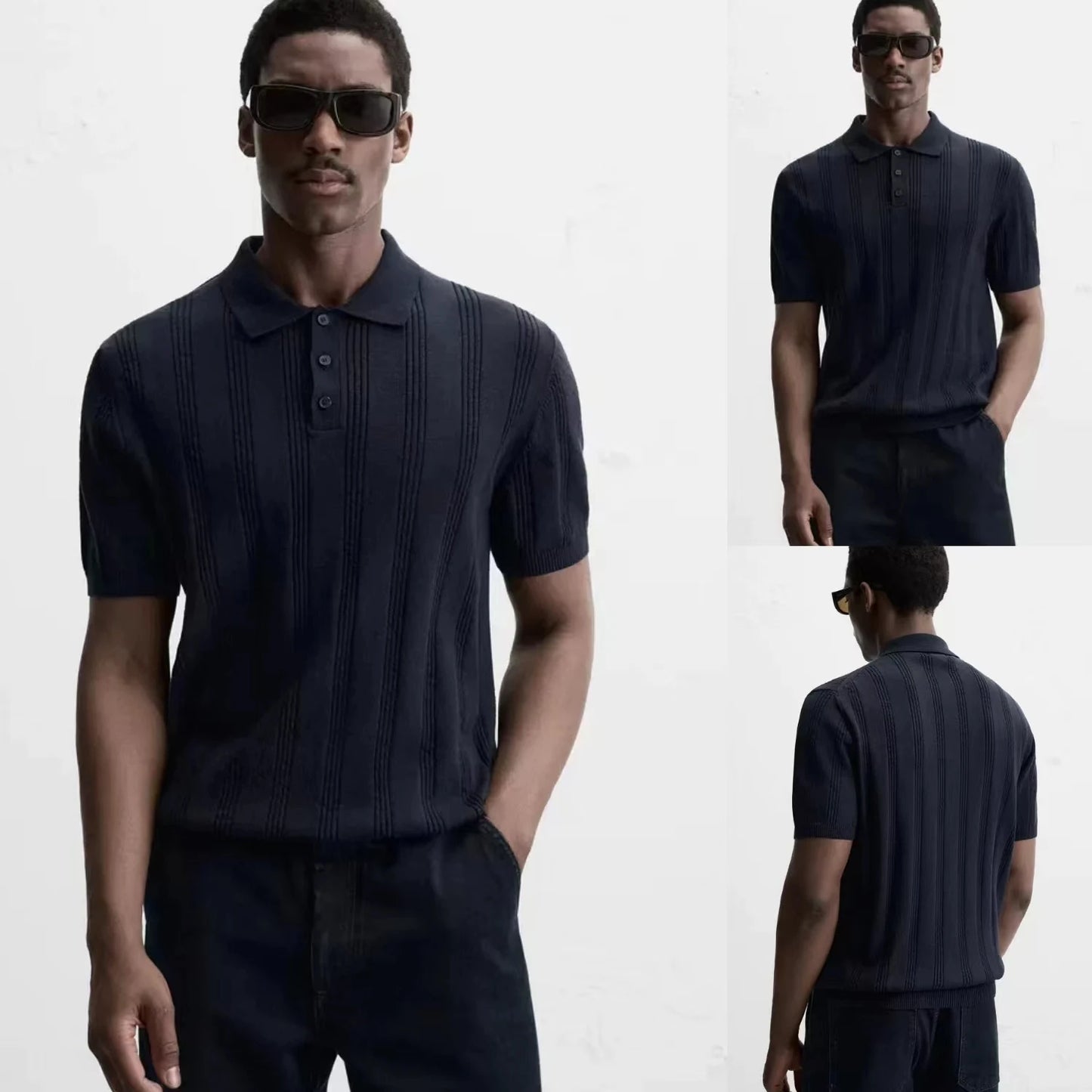 Summer New Men's Slim Fit Straight Knitted ort Sve irt Youth Faion Stand Sle Busin Casual Pure Color