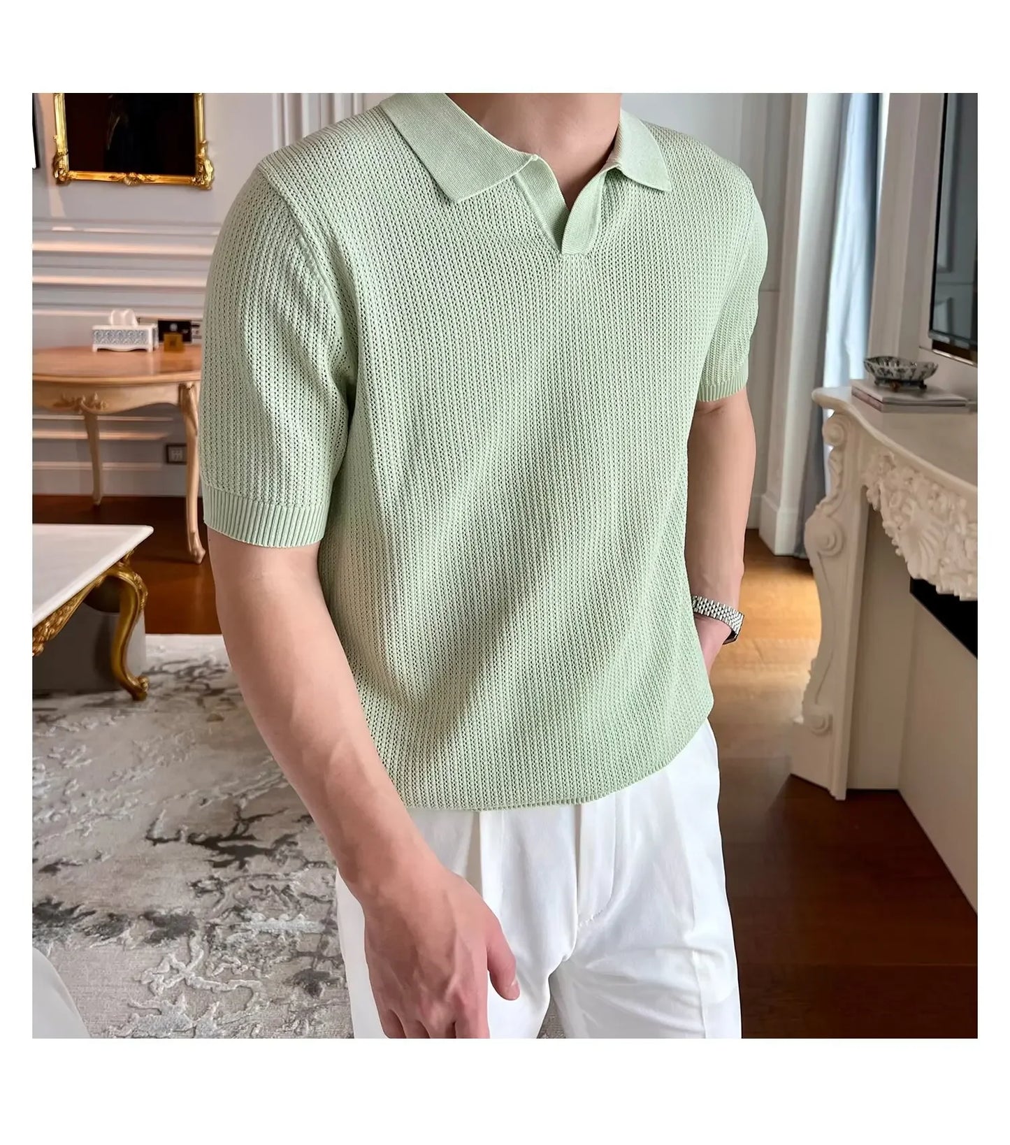Summer Casual Polo Shirt Short Sleeve Knitted Pure Color Breathable Retro Wave Texture Men's Turn-down Collar Top