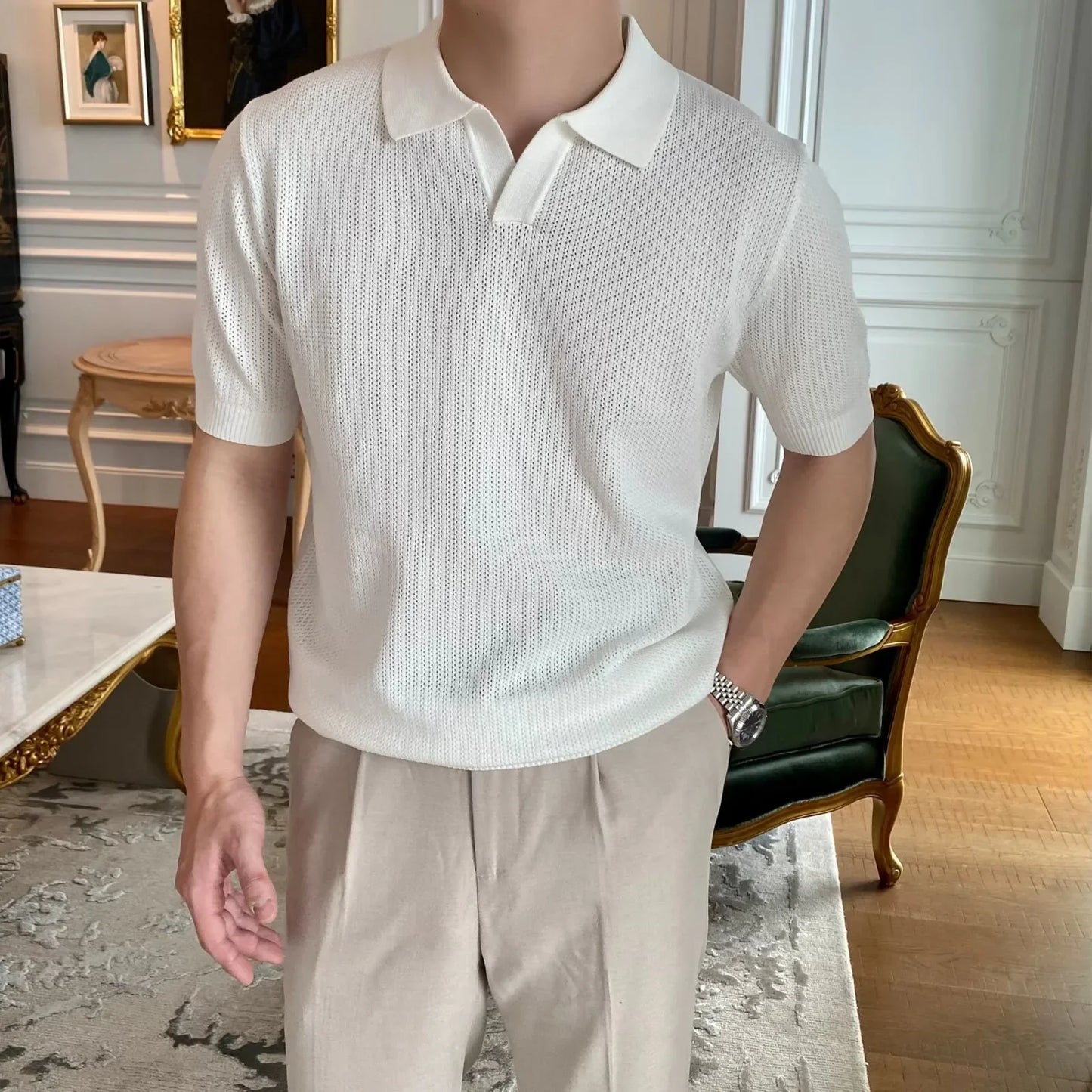 Summer Casual Polo Shirt Short Sleeve Knitted Pure Color Breathable Retro Wave Texture Men's Turn-down Collar Top