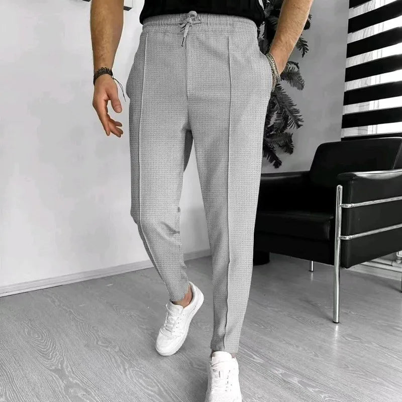 Mens Stylish Waffle Pants - Casual Sports Slim Fit with Adjustable Drawstring Secure Pockets for All Seasons - Perfect Outdoor