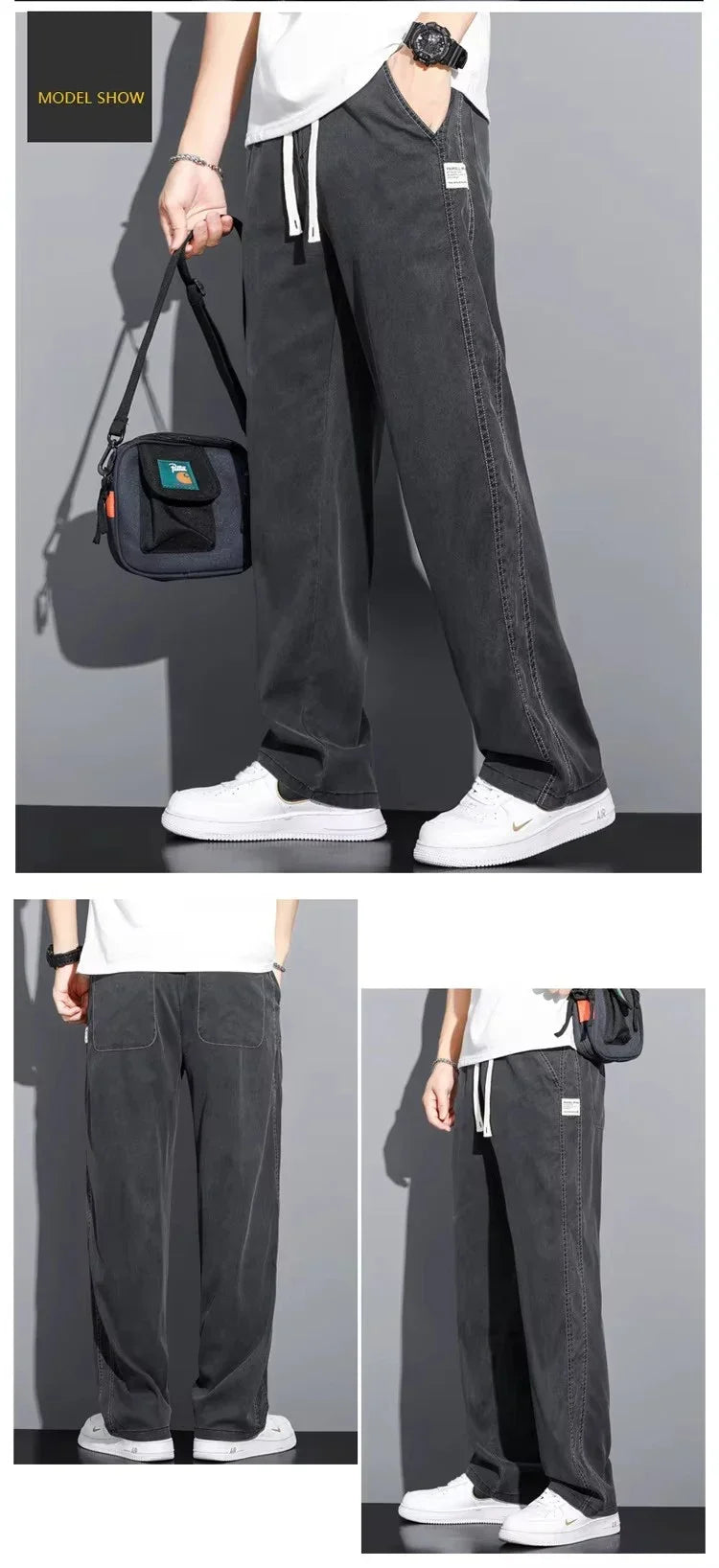 2025 New Summer Soft Lyocell Fabric Men's Jeans Thin Loose Straight Pants Drawstring Elastic Waist Korea Casual Trousers