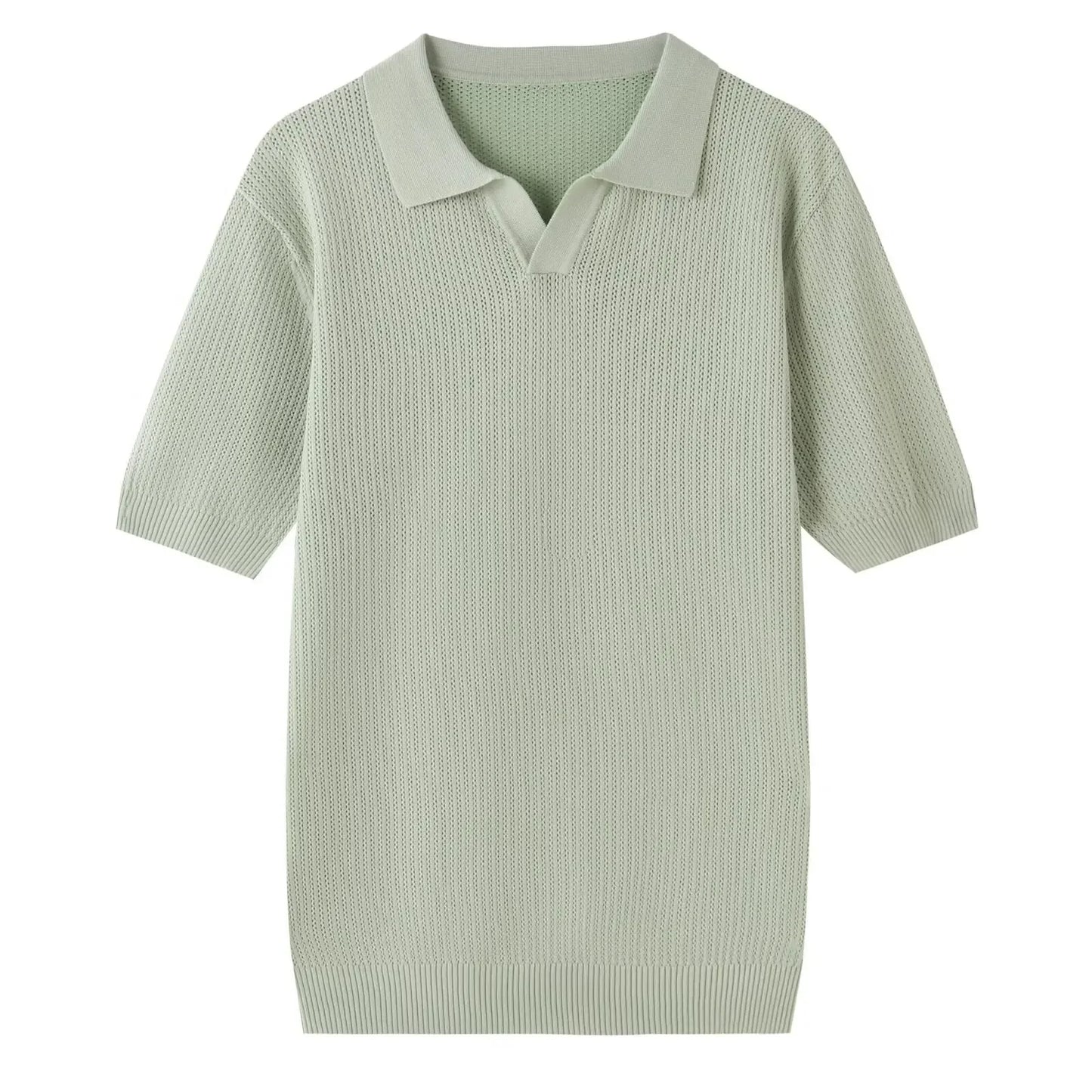 Summer Casual Polo Shirt Short Sleeve Knitted Pure Color Breathable Retro Wave Texture Men's Turn-down Collar Top