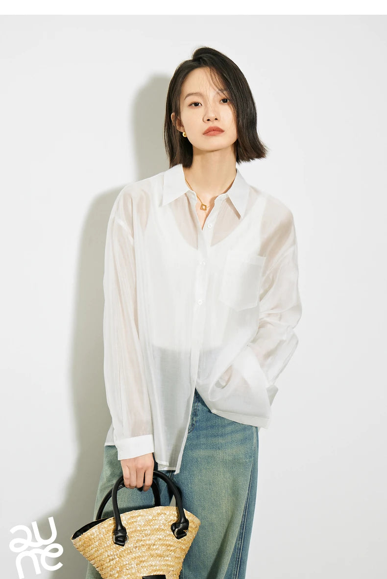 TOYOUTH Women French Mustard Green Lyocell Shirt 2025 Summer New Lightweight Sun Protection Tops