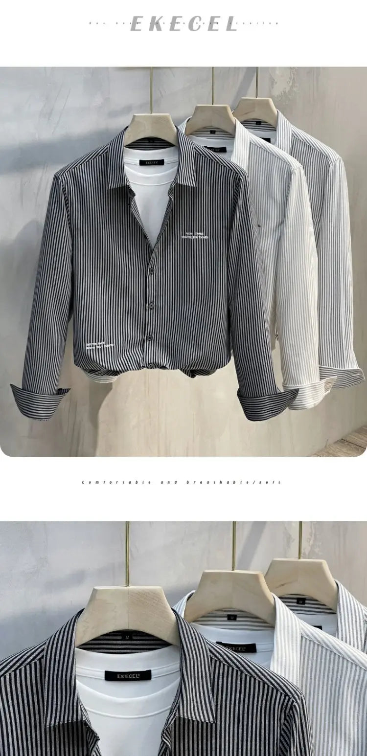 Men's Slim Fit Long Sve irt Trendy Striped Spring Autumn New Sle Casual Korean Japanese Sle Printed No Iron Treaent