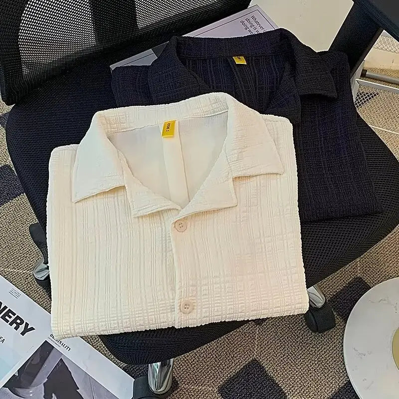 Retro Textured Cuban Collar Short Sleeve Shirt Men Loose Casual Stylish Top