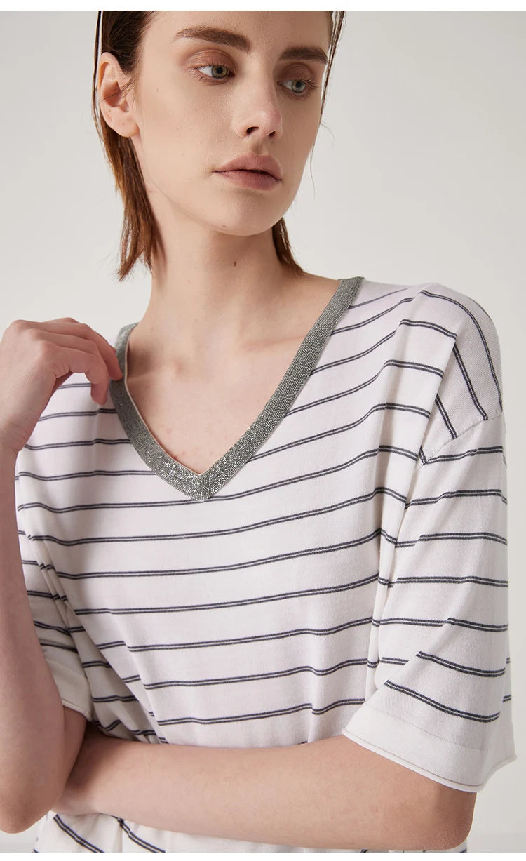 BD3511191 Women's Summer Wool Silk stripe tops Luxury Clothing Comfortable Breathable sweaters knitted tshirts