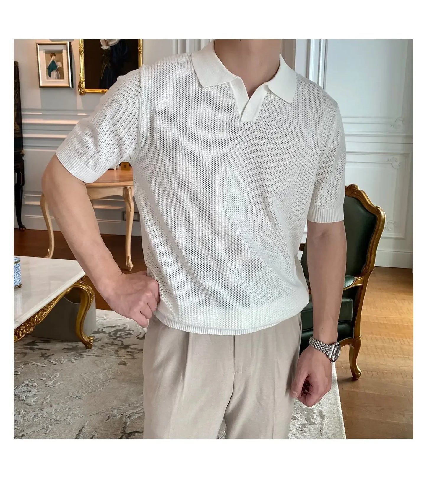 Summer Casual Polo Shirt Short Sleeve Knitted Pure Color Breathable Retro Wave Texture Men's Turn-down Collar Top