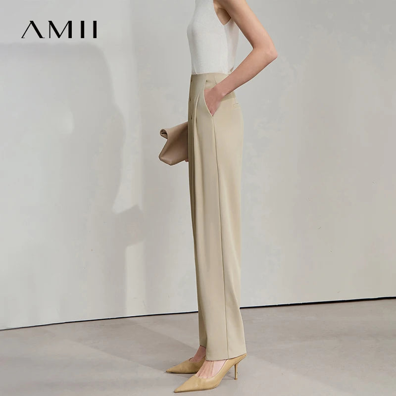AMII Women Trousers Minimalist New Summer Commuting Solid Mid Rise Pantalones Cooling Sunscreen Tapered Casual Pants 12522036