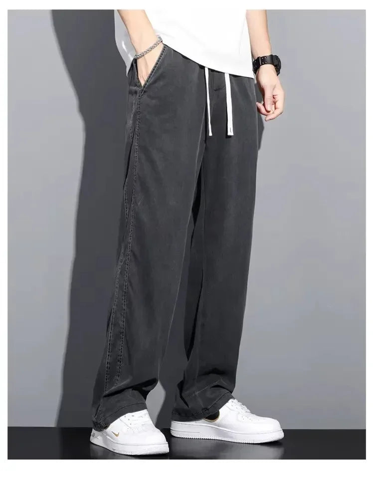 2025 New Summer Soft Lyocell Fabric Men's Jeans Thin Loose Straight Pants Drawstring Elastic Waist Korea Casual Trousers