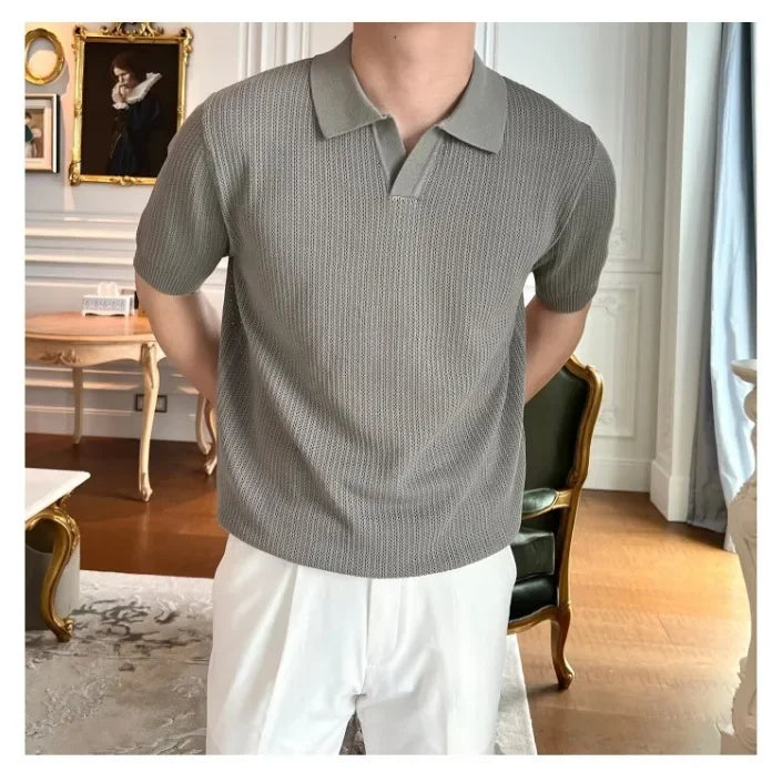 Summer Casual Polo Shirt Short Sleeve Knitted Pure Color Breathable Retro Wave Texture Men's Turn-down Collar Top