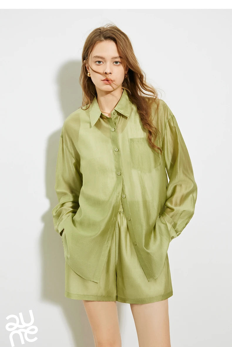 TOYOUTH Women French Mustard Green Lyocell Shirt 2025 Summer New Lightweight Sun Protection Tops