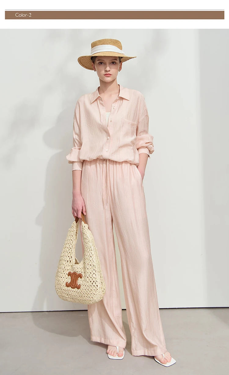 AMII Minimalism Shirt Pants Sets for Women 2025 Spring New Casual Basic Shirt Separate Straight Long Wide Leg Pants 12511048