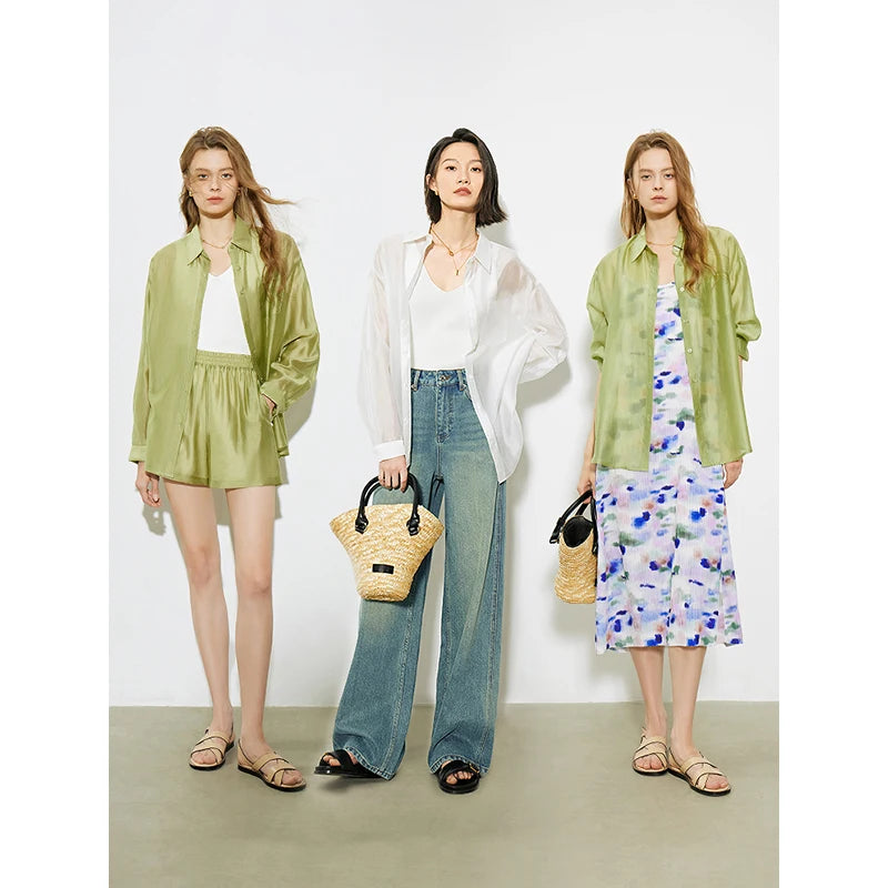TOYOUTH Women French Mustard Green Lyocell Shirt 2025 Summer New Lightweight Sun Protection Tops