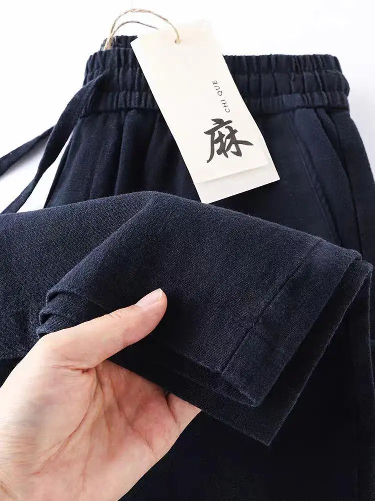 Pure Linen Breathable Elastic New Sle Nine-Piece Pants Cotton Linen Summer Thin Simple Casual Men's Pants Straight Leg Fit