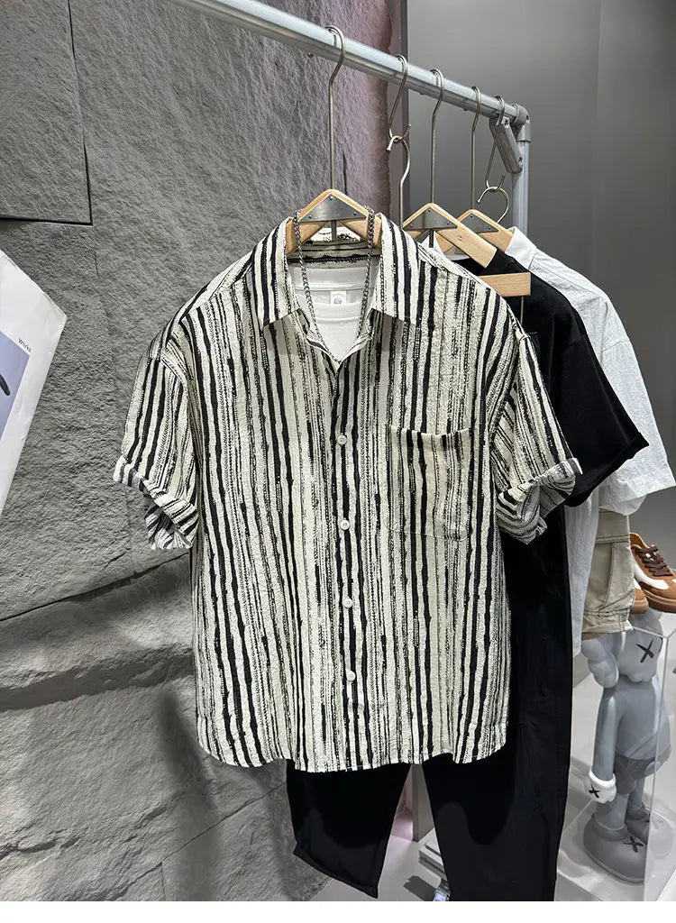 2025 Summer New Striped Shirt Short-sleeved Men's Fashion Trend Versatile and Personalized Button Cardigan Men's Clothing