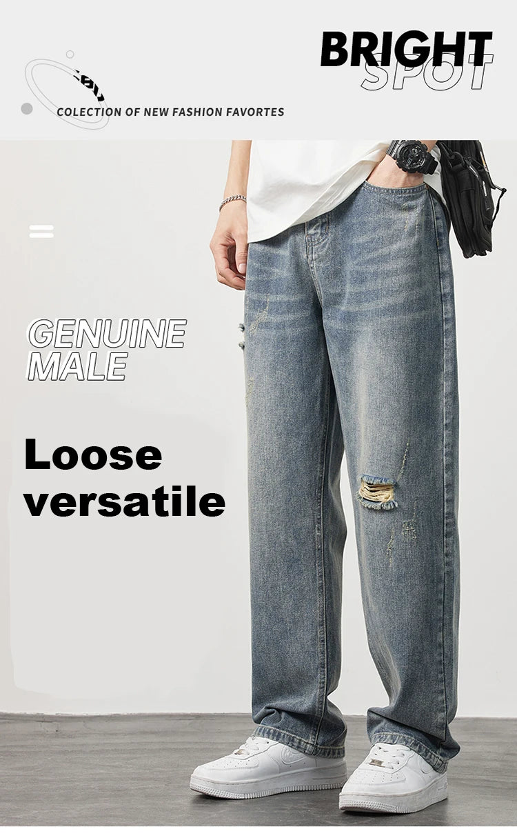Korea Baggy torn holey ripped Jeans Men Vintage  Y2k Pants Fashion Frayed High Street Distressed Denim Trousers loose thin Male