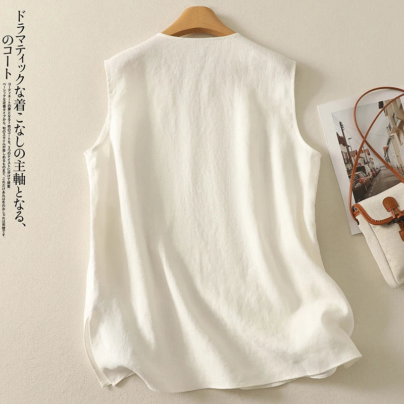 Cotton tops women summer new Korean fashion simple temperament elegant pockets casual white V-neck vest bottoming shirt