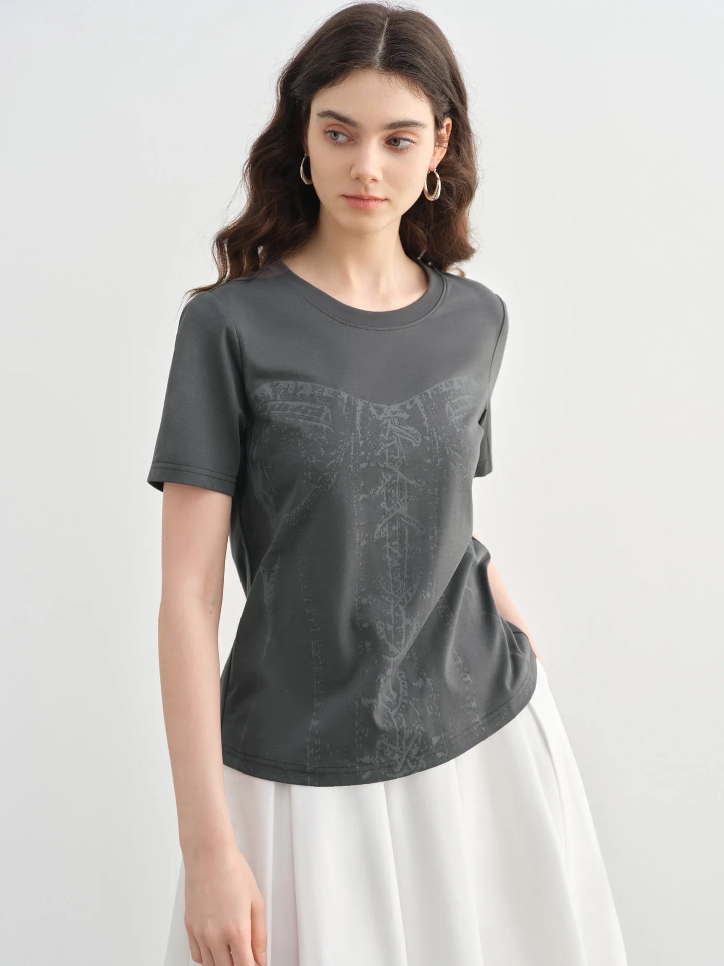 DUSHU Plus-Size Women Slogan Print Round-Neck Knit T-Shirt 2025 Summer Collection Slimming Design Simple Top for Women 25DS82213