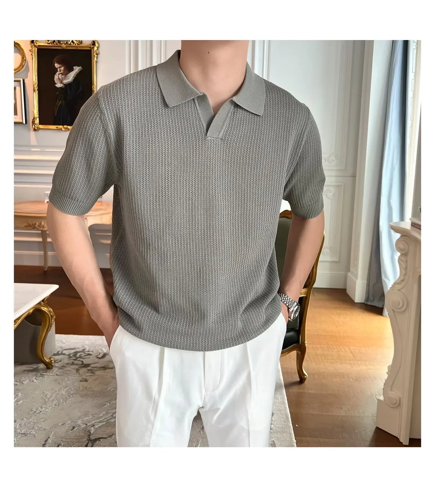Summer Casual Polo Shirt Short Sleeve Knitted Pure Color Breathable Retro Wave Texture Men's Turn-down Collar Top