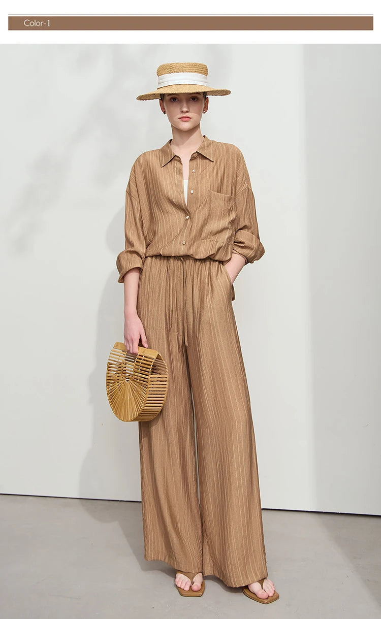 AMII Minimalism Shirt Pants Sets for Women 2025 Spring New Casual Basic Shirt Separate Straight Long Wide Leg Pants 12511048