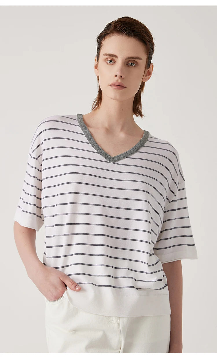 BD3511191 Women's Summer Wool Silk stripe tops Luxury Clothing Comfortable Breathable sweaters knitted tshirts