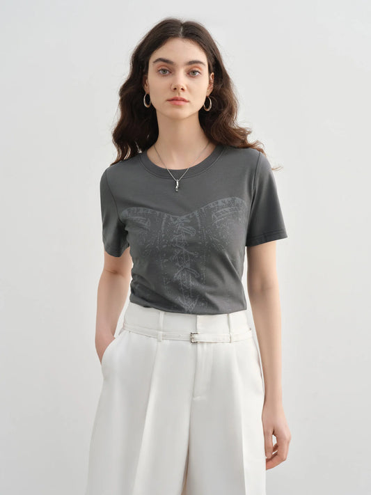 DUSHU Plus-Size Women Slogan Print Round-Neck Knit T-Shirt 2025 Summer Collection Slimming Design Simple Top for Women 25DS82213