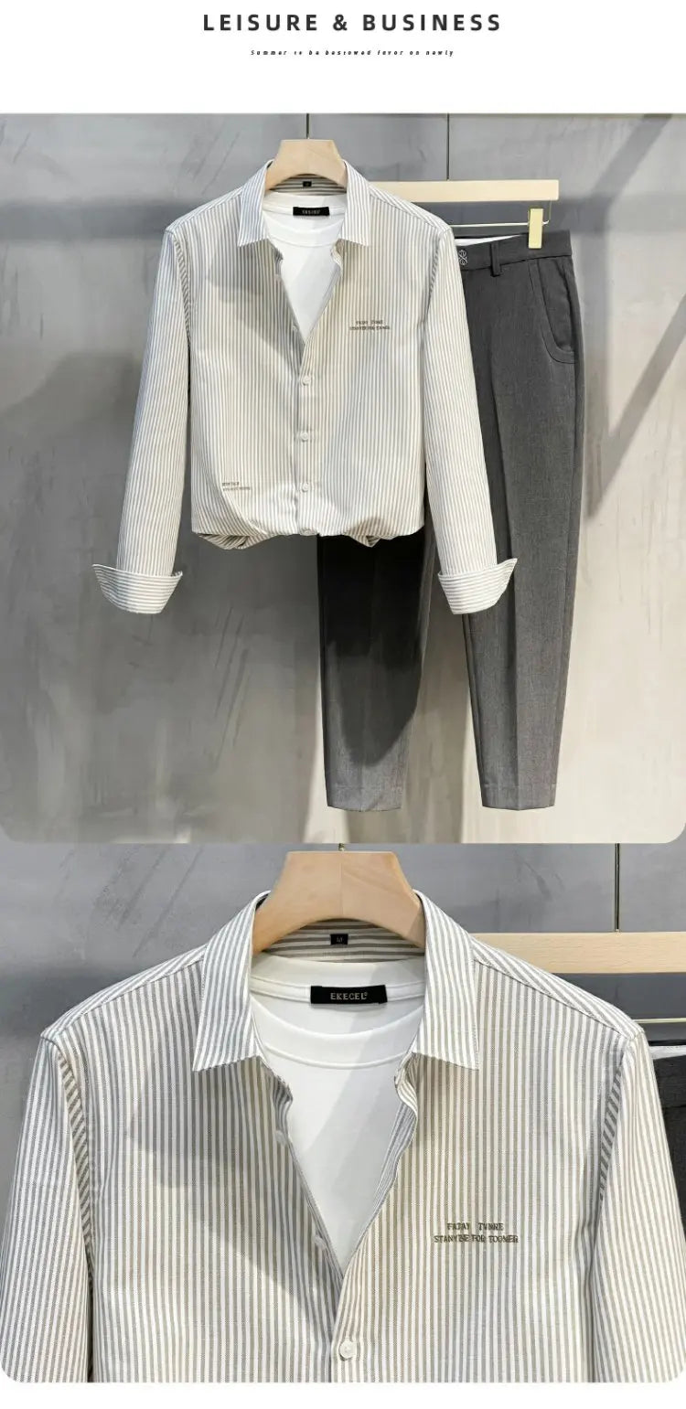 Men's Slim Fit Long Sve irt Trendy Striped Spring Autumn New Sle Casual Korean Japanese Sle Printed No Iron Treaent