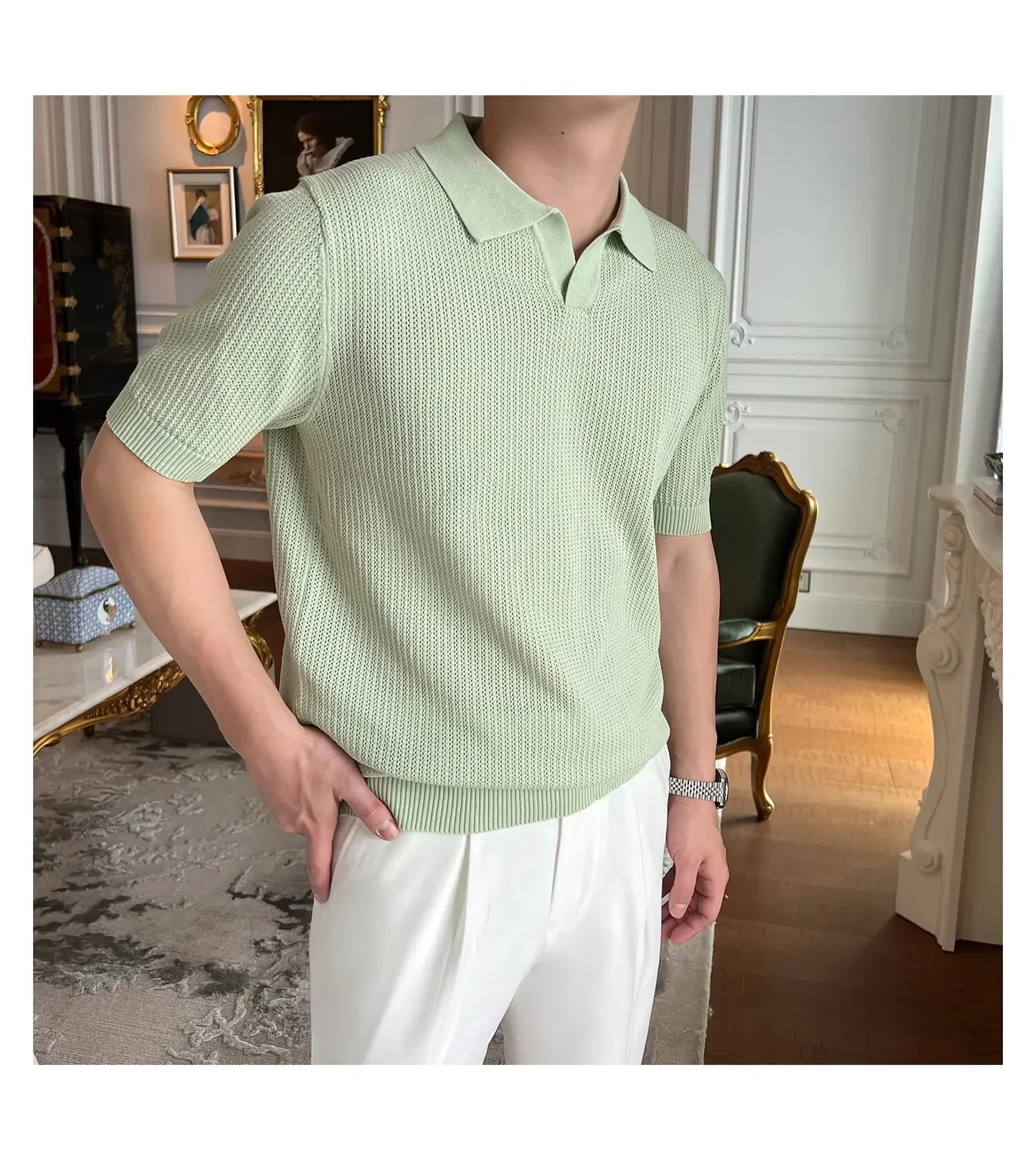 Summer Casual Polo Shirt Short Sleeve Knitted Pure Color Breathable Retro Wave Texture Men's Turn-down Collar Top