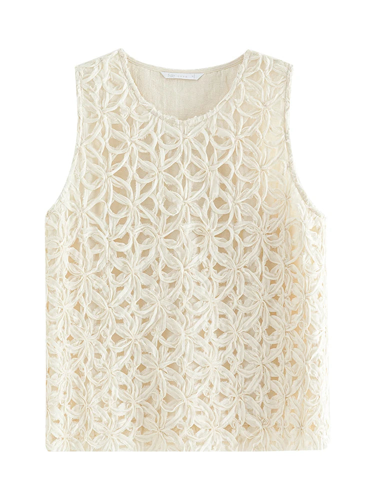 FSLE French Style Oatmeal Color Hollow Top For Women Three-dimensional Flower Embroidery Women Summer Sleeveless Vest 24FS12405