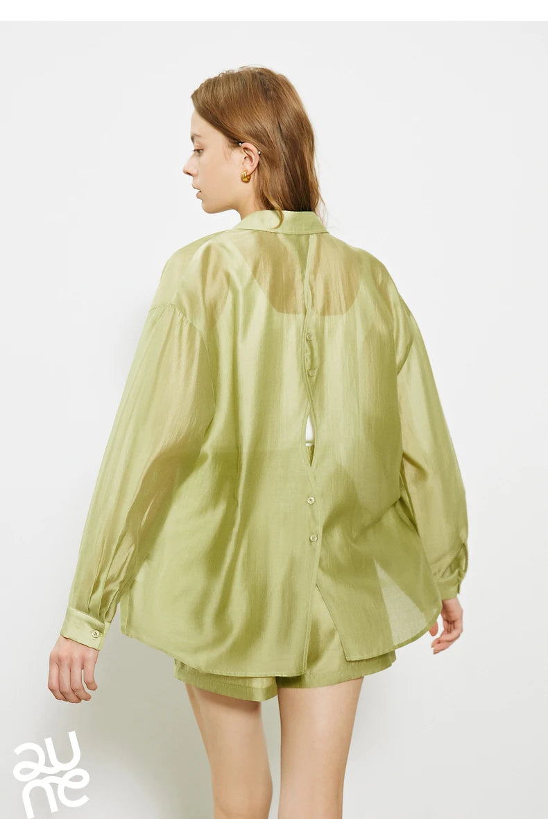 TOYOUTH Women French Mustard Green Lyocell Shirt 2025 Summer New Lightweight Sun Protection Tops