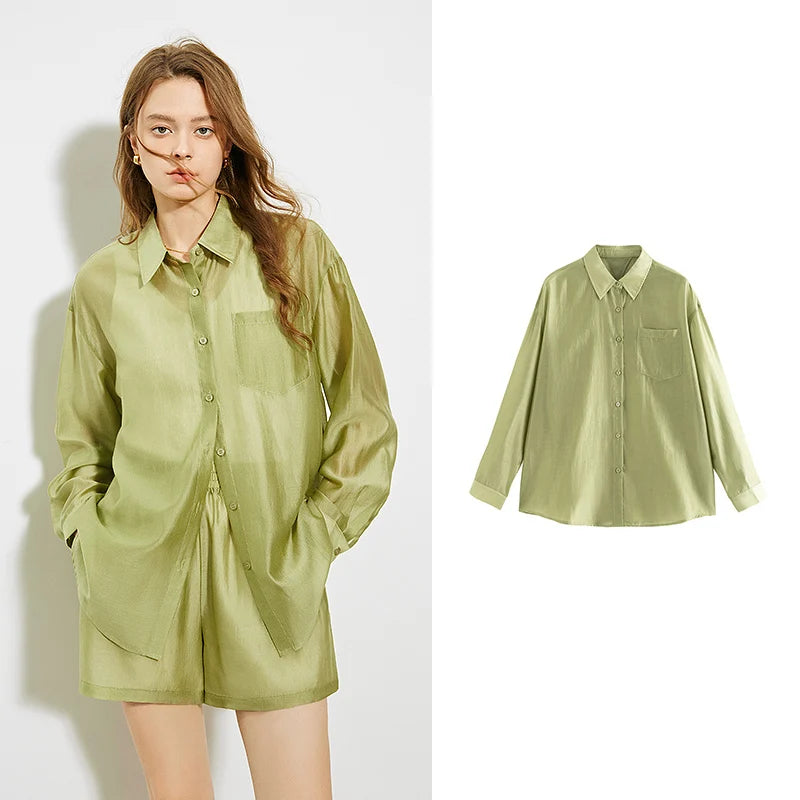 TOYOUTH Women French Mustard Green Lyocell Shirt 2025 Summer New Lightweight Sun Protection Tops