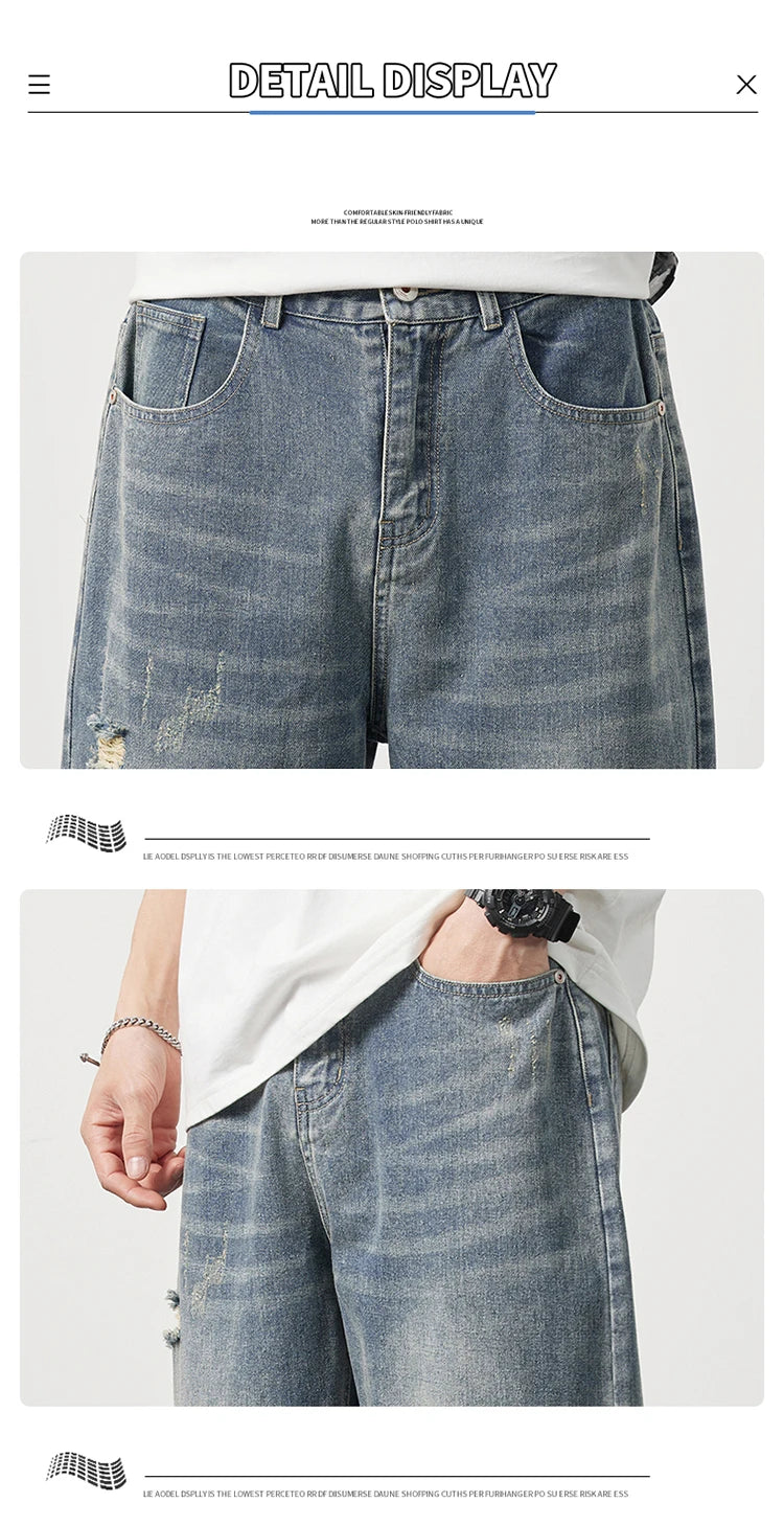 Korea Baggy torn holey ripped Jeans Men Vintage  Y2k Pants Fashion Frayed High Street Distressed Denim Trousers loose thin Male