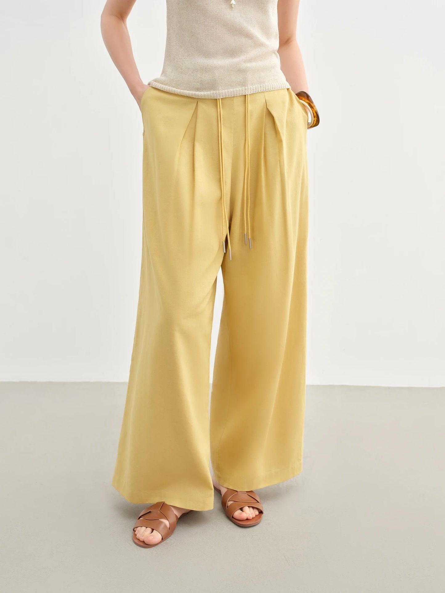 DUSHU Women Linen Drawstring Wide-leg Pants 2025 Summer New Cotton Knitted Drape Loose High Waist Slim Casual Pants 25DS82737