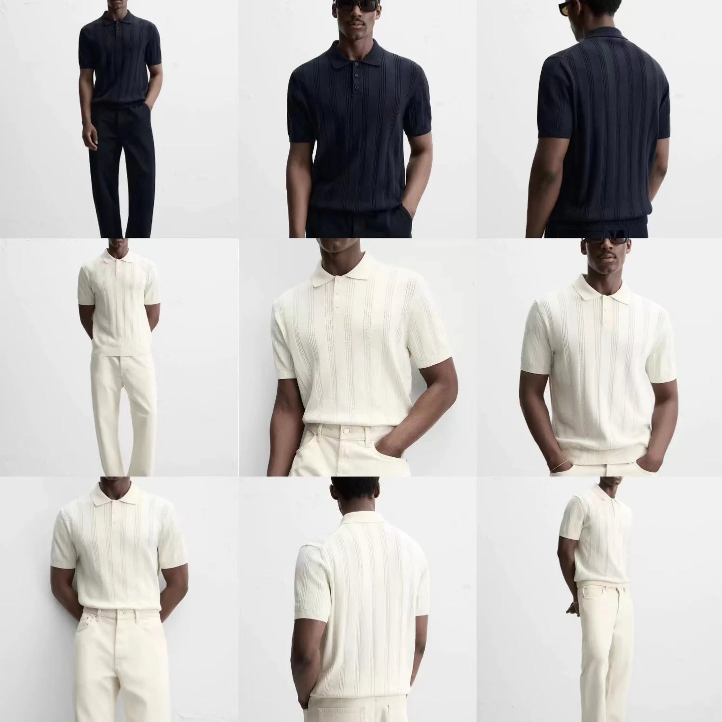 Summer New Men's Slim Fit Straight Knitted ort Sve  irt Youth Faion Stand Sle Busin Casual Pure Color