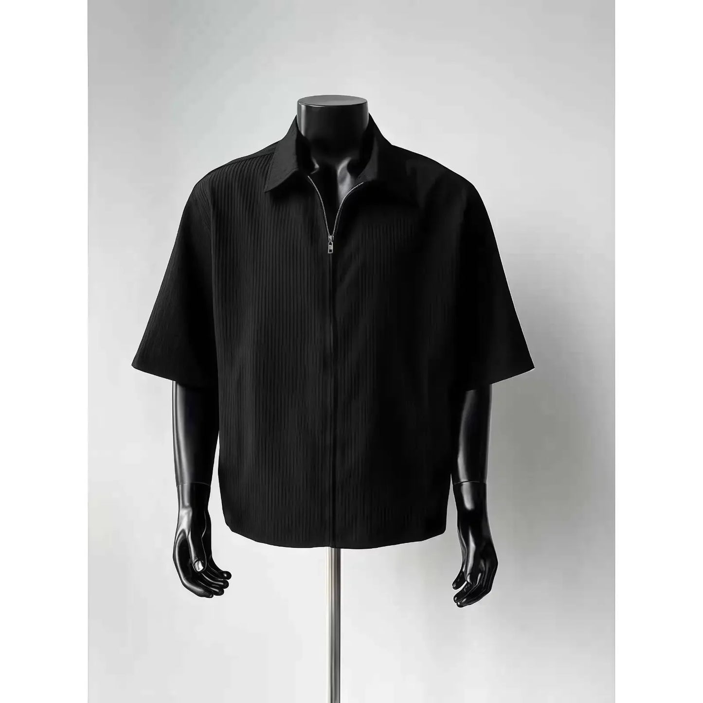 Summer Men's Texture Stripe Shirt Short Sleeve Zipper Jacket Boxy Fit Casual Korean Style Half Sleeve Korean Style Shirt